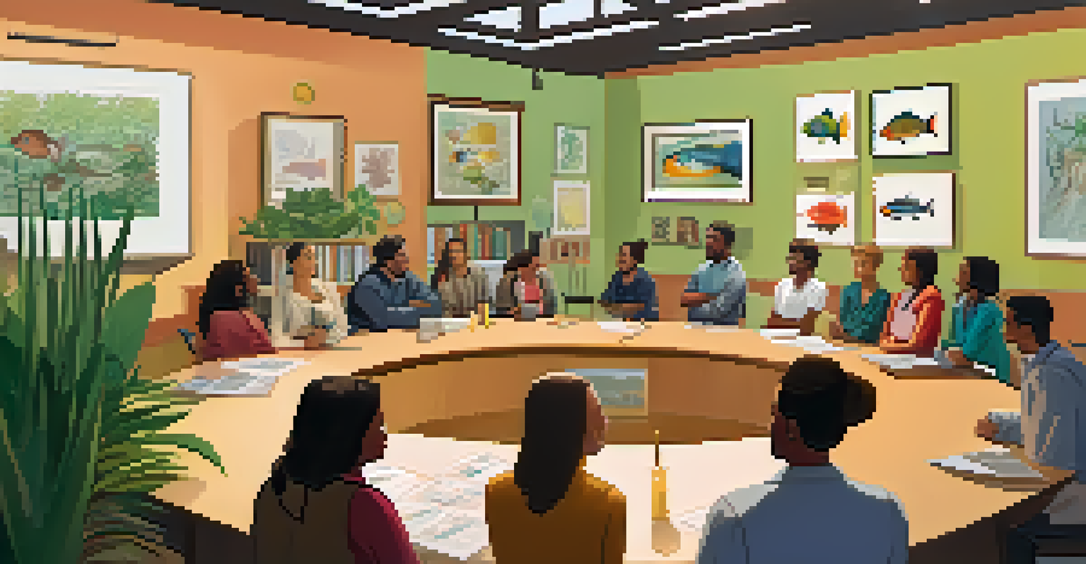 A visual representation of a fishbowl discussion format with educators sharing thoughts in an inner circle while others listen from the outer circle in a vibrant classroom.