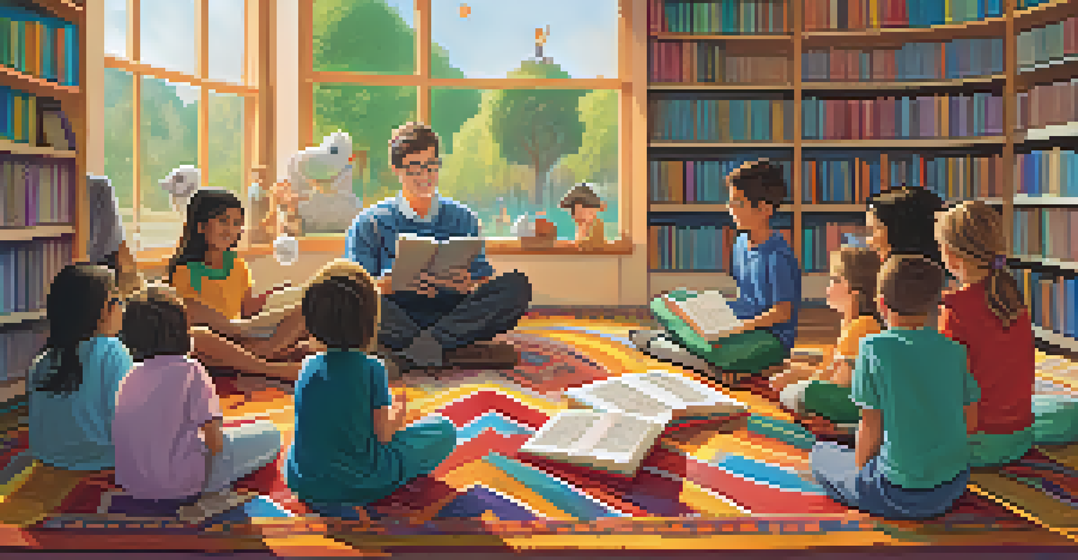 A teacher sharing a story with students, illustrated characters floating above, surrounded by bookshelves in a cozy classroom.