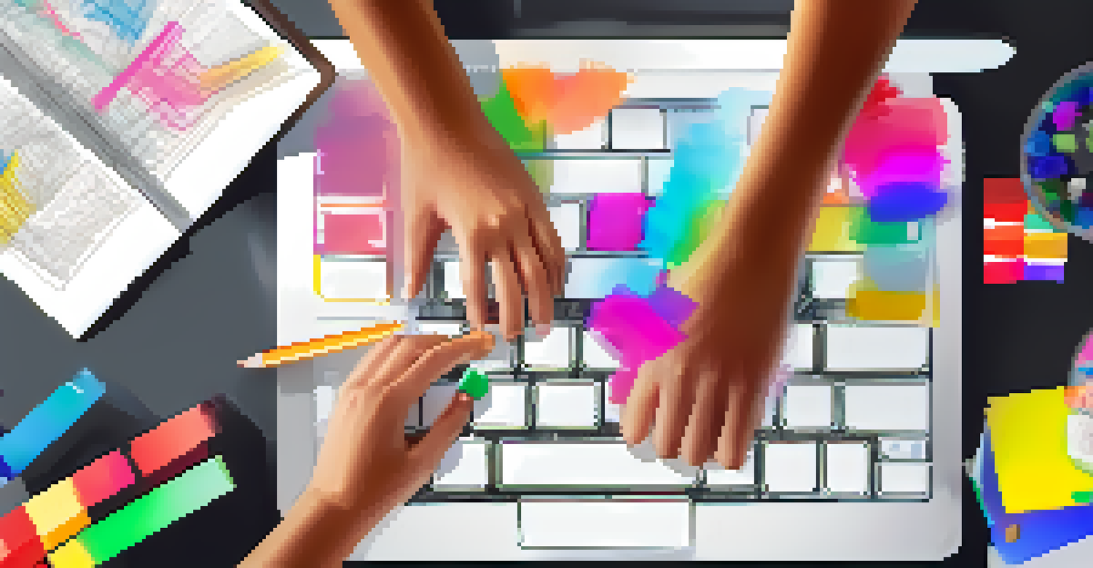 Close-up of students' hands collaborating on a digital project, with laptops and colorful notes visible.