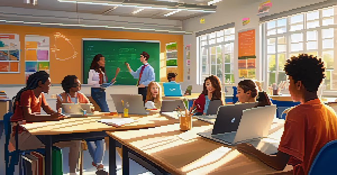 A diverse group of students and teachers collaborating in a bright classroom, using laptops and tablets for an interactive online learning session.