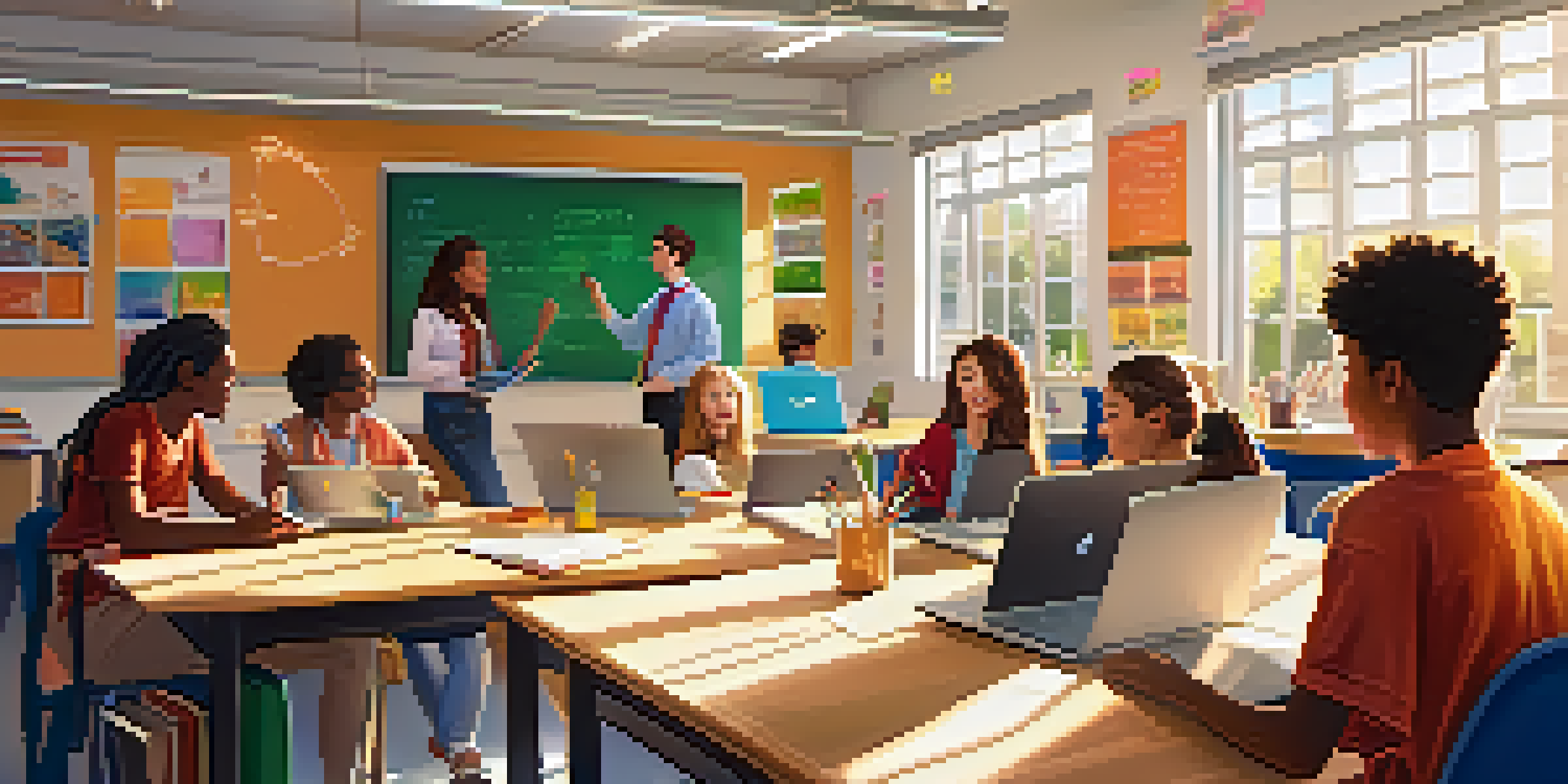 A diverse group of students and teachers collaborating in a bright classroom, using laptops and tablets for an interactive online learning session.