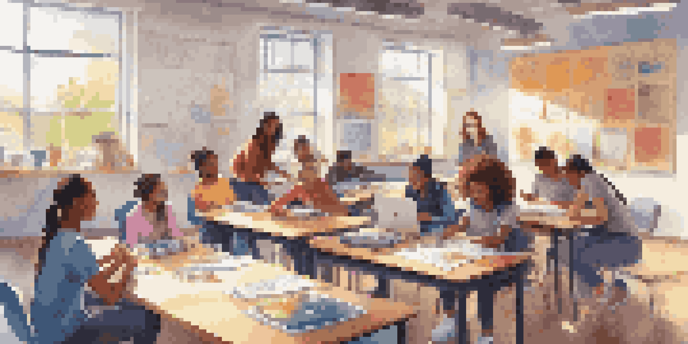 A diverse group of students collaborating in a bright classroom filled with technology and learning materials.