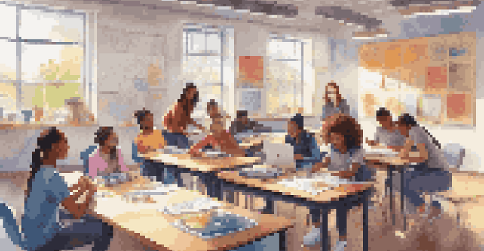 A diverse group of students collaborating in a bright classroom filled with technology and learning materials.