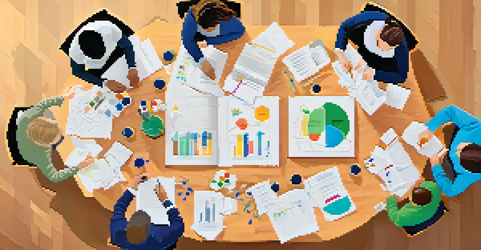 An aerial view of students in a classroom presenting their topics in a jigsaw activity, surrounded by charts and notes in a well-lit environment.