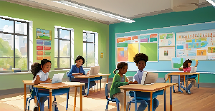A classroom filled with students using tablets for learning, with a teacher assisting one of them in a bright and colorful environment.
