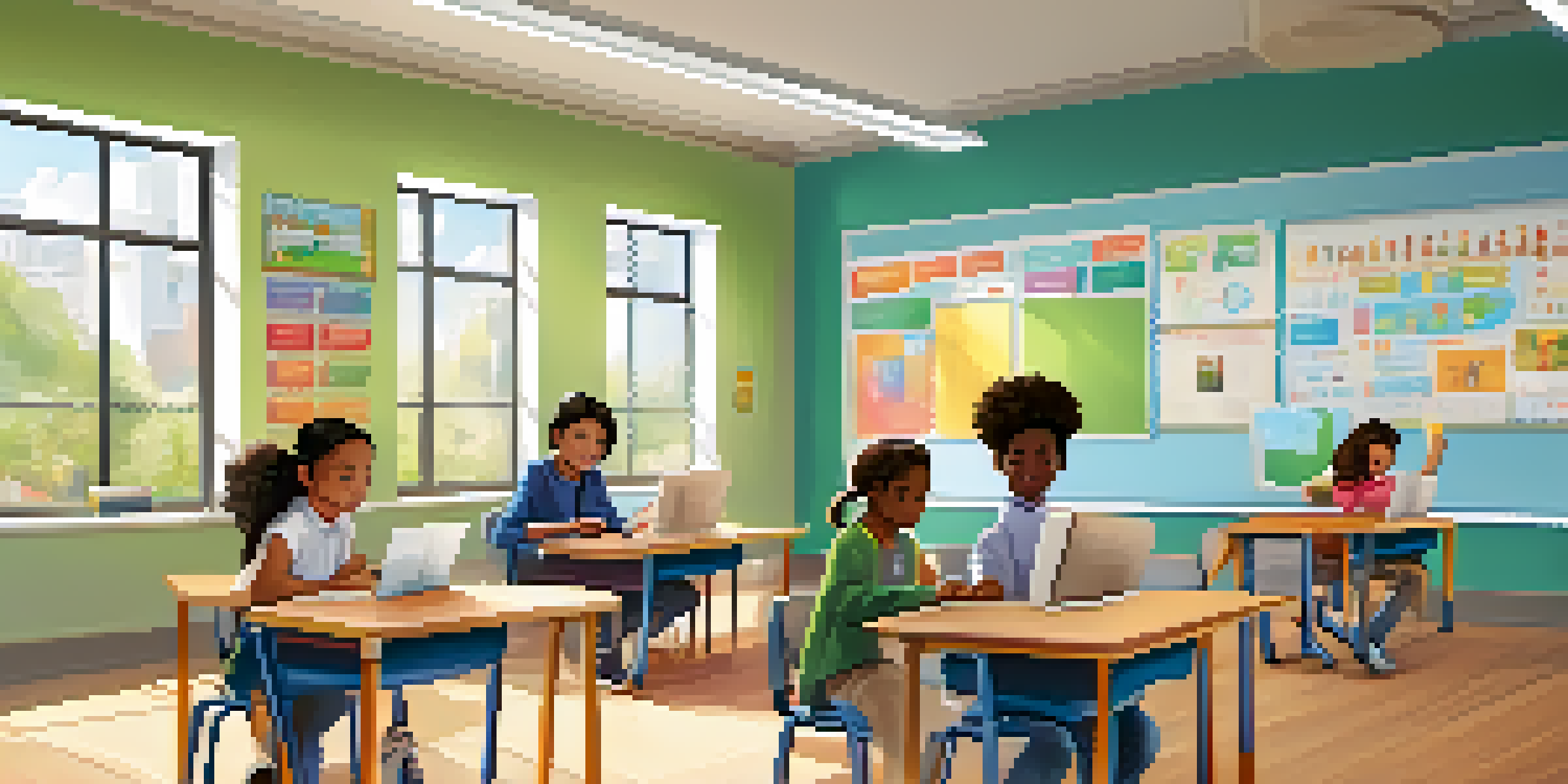 A classroom filled with students using tablets for learning, with a teacher assisting one of them in a bright and colorful environment.