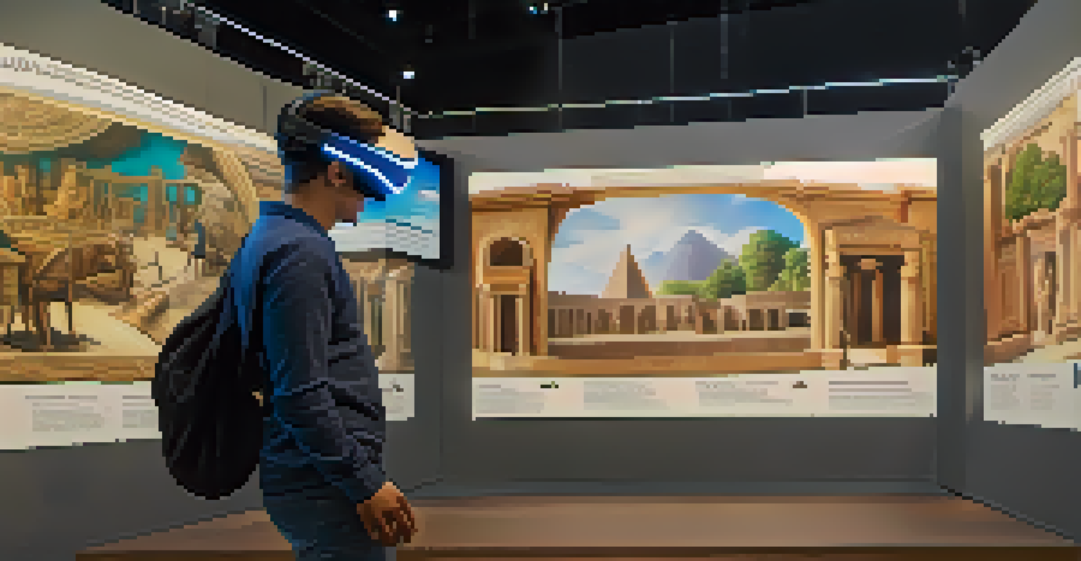 A learner wearing virtual reality goggles immersed in a digital historical exhibit with holographic artifacts and interactive displays.