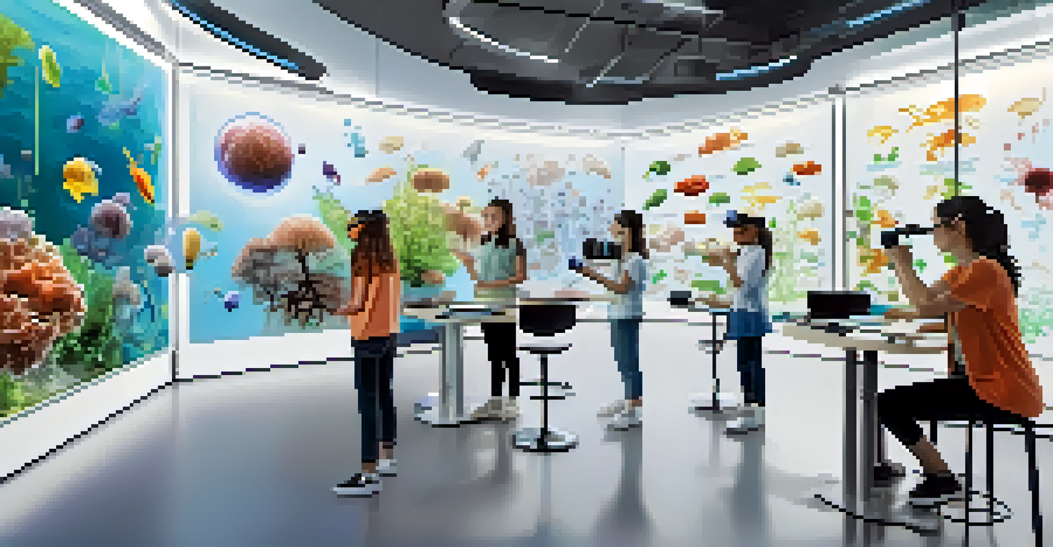 Students using virtual reality headsets in a high-tech learning environment, exploring 3D models in a virtual biology lab.