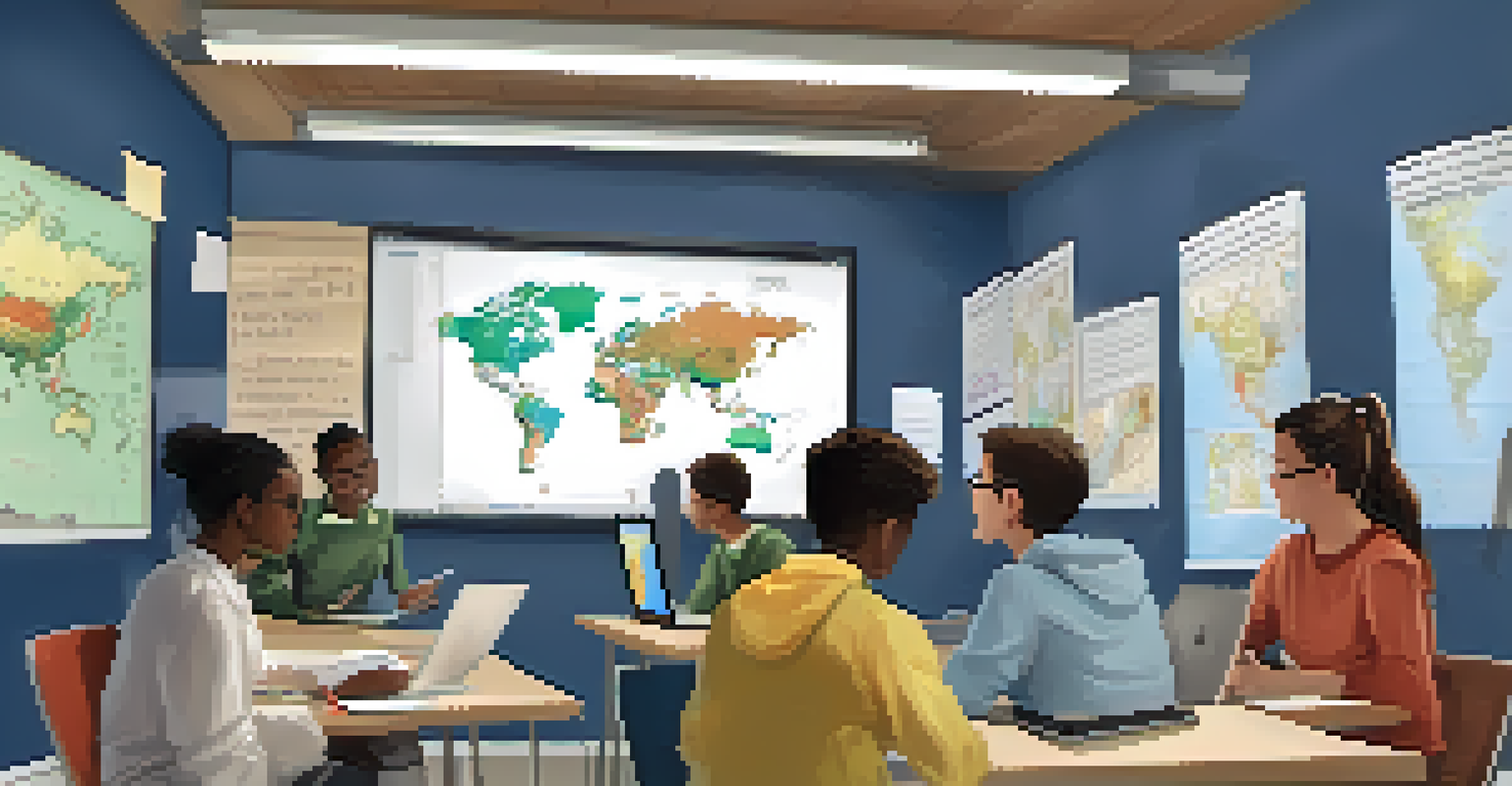 Students collaborating on a project using tablets and laptops in a classroom filled with educational materials.