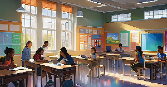 A bright classroom with diverse students using adaptive learning technology, collaborating and engaging with interactive screens.