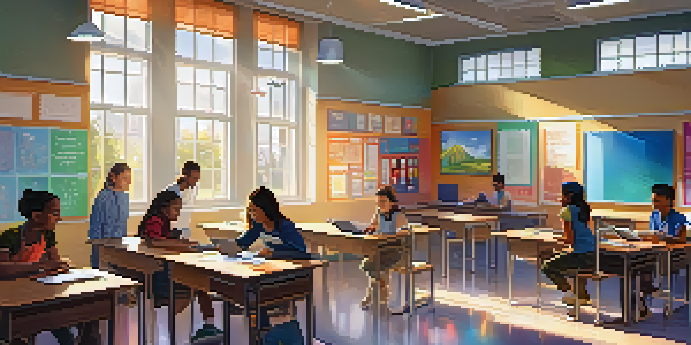 A bright classroom with diverse students using adaptive learning technology, collaborating and engaging with interactive screens.