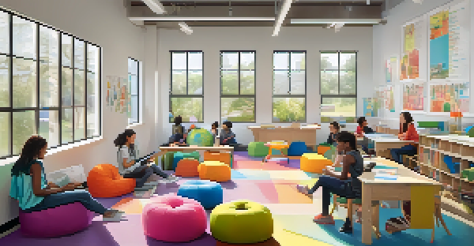 A lively classroom with students engaged in discussions and activities, featuring flexible seating and bright natural light.