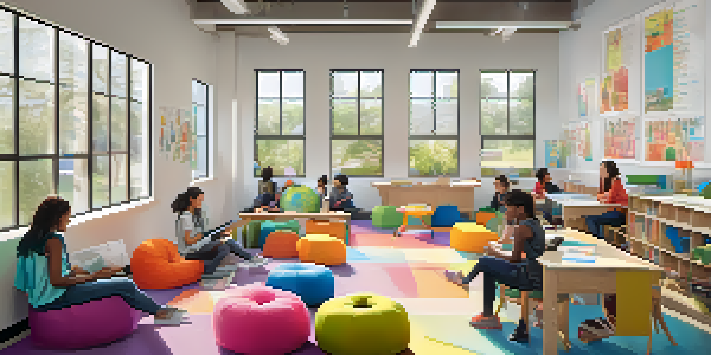 A lively classroom with students engaged in discussions and activities, featuring flexible seating and bright natural light.