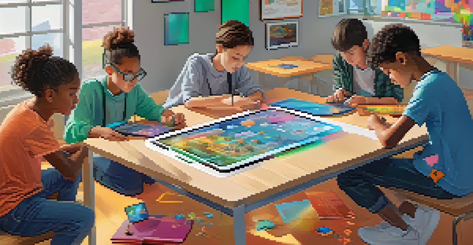 Students collaborating in a modern classroom using augmented reality for educational gaming, surrounded by floating AR elements.