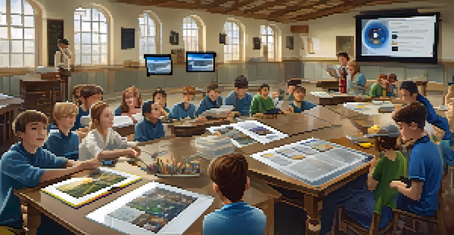 Students collaborating on a project using augmented reality tablets, with AR visuals of historical figures and information above their devices in a bright classroom.