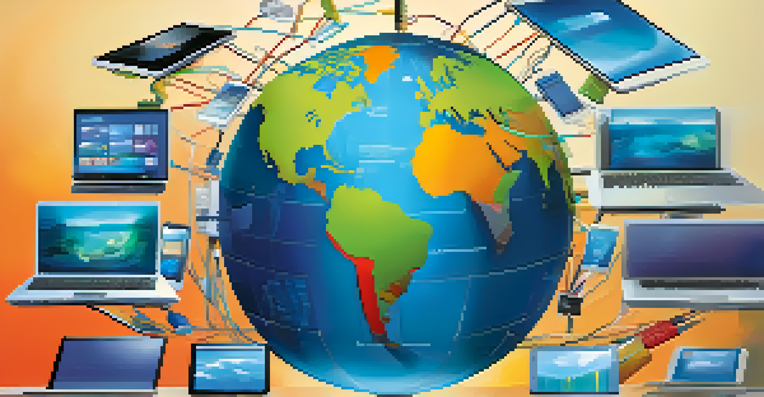 A colorful globe surrounded by digital devices displaying educational content, symbolizing the role of global media in education, set against a soft blue background.