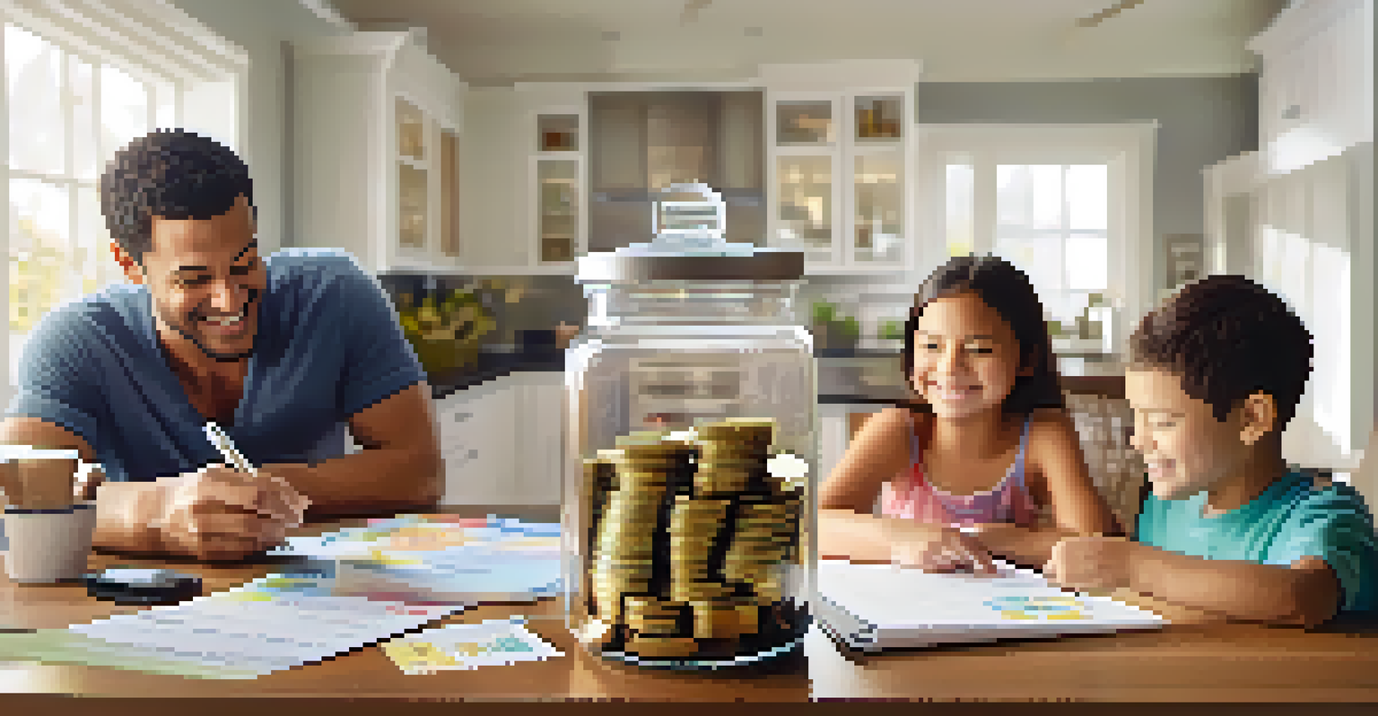 A jar filled with coins and bills on a kitchen table where a family is budgeting together, with a child pointing at a savings chart on a tablet, all illuminated by bright natural light.