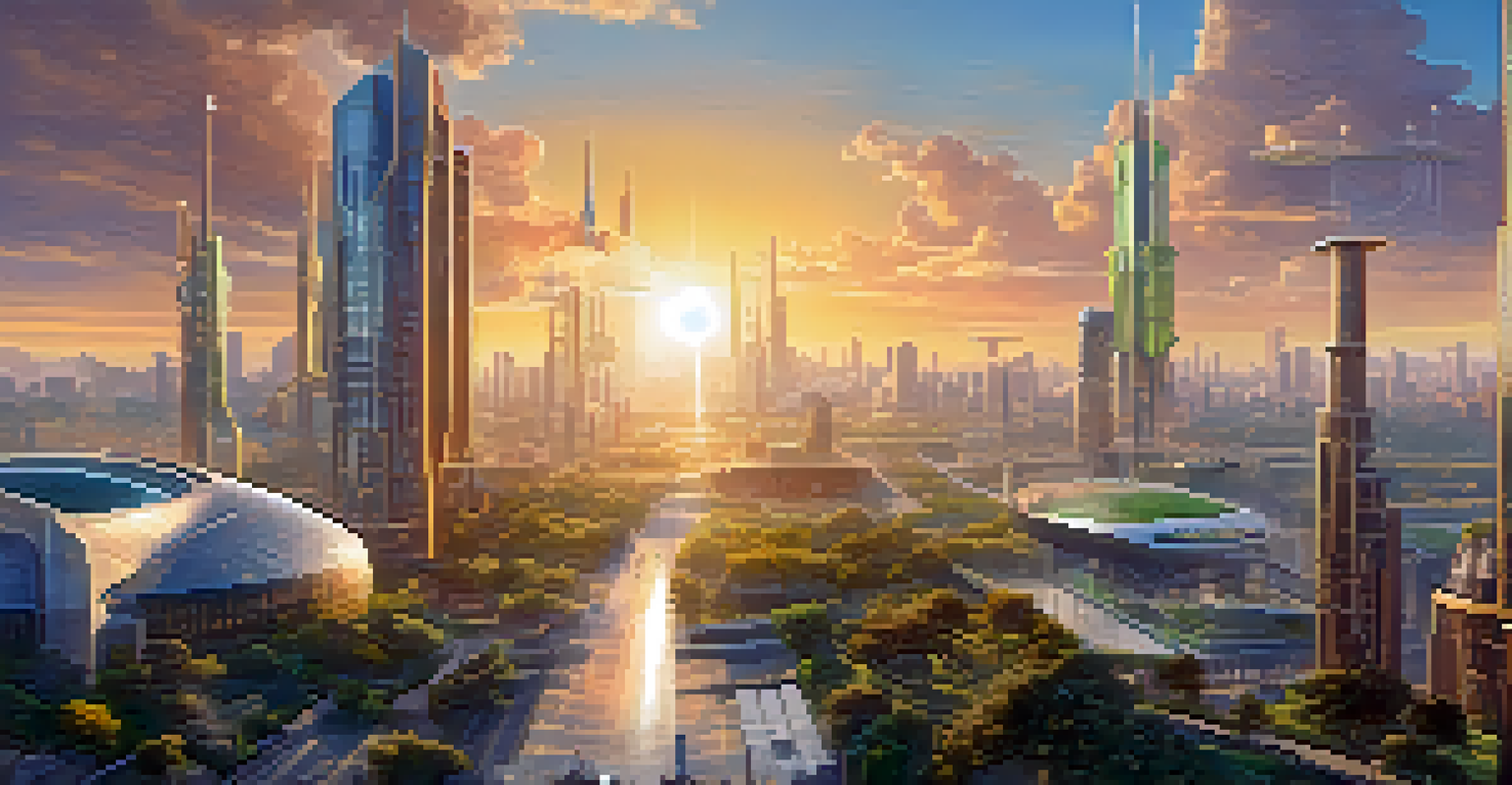 A futuristic city skyline showcasing high-tech buildings and outdoor collaboration spaces under a warm sunset.
