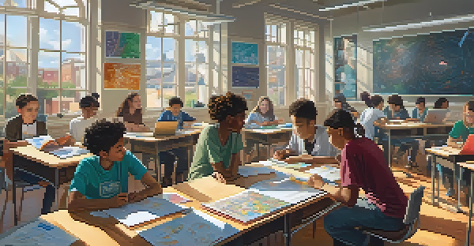A lively classroom where students are collaborating on a project, surrounded by colorful educational materials and digital tools, with sunlight illuminating the space.