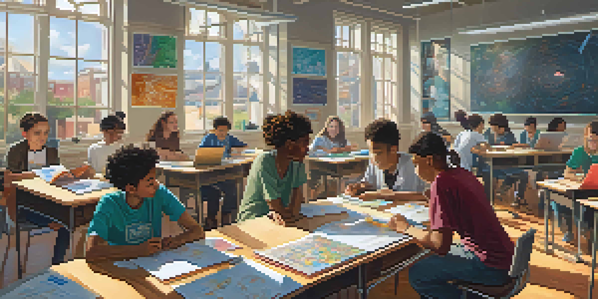 A lively classroom where students are collaborating on a project, surrounded by colorful educational materials and digital tools, with sunlight illuminating the space.