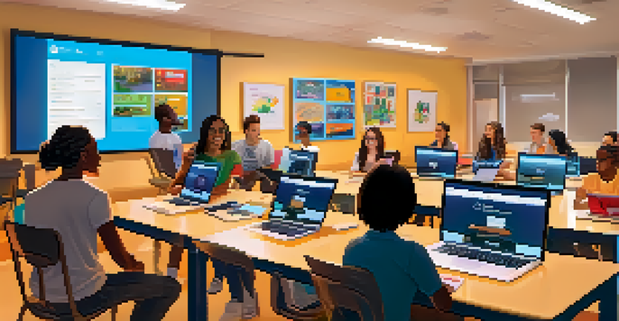 A diverse group of students in a brightly lit virtual classroom, engaged with their laptops and smiling.