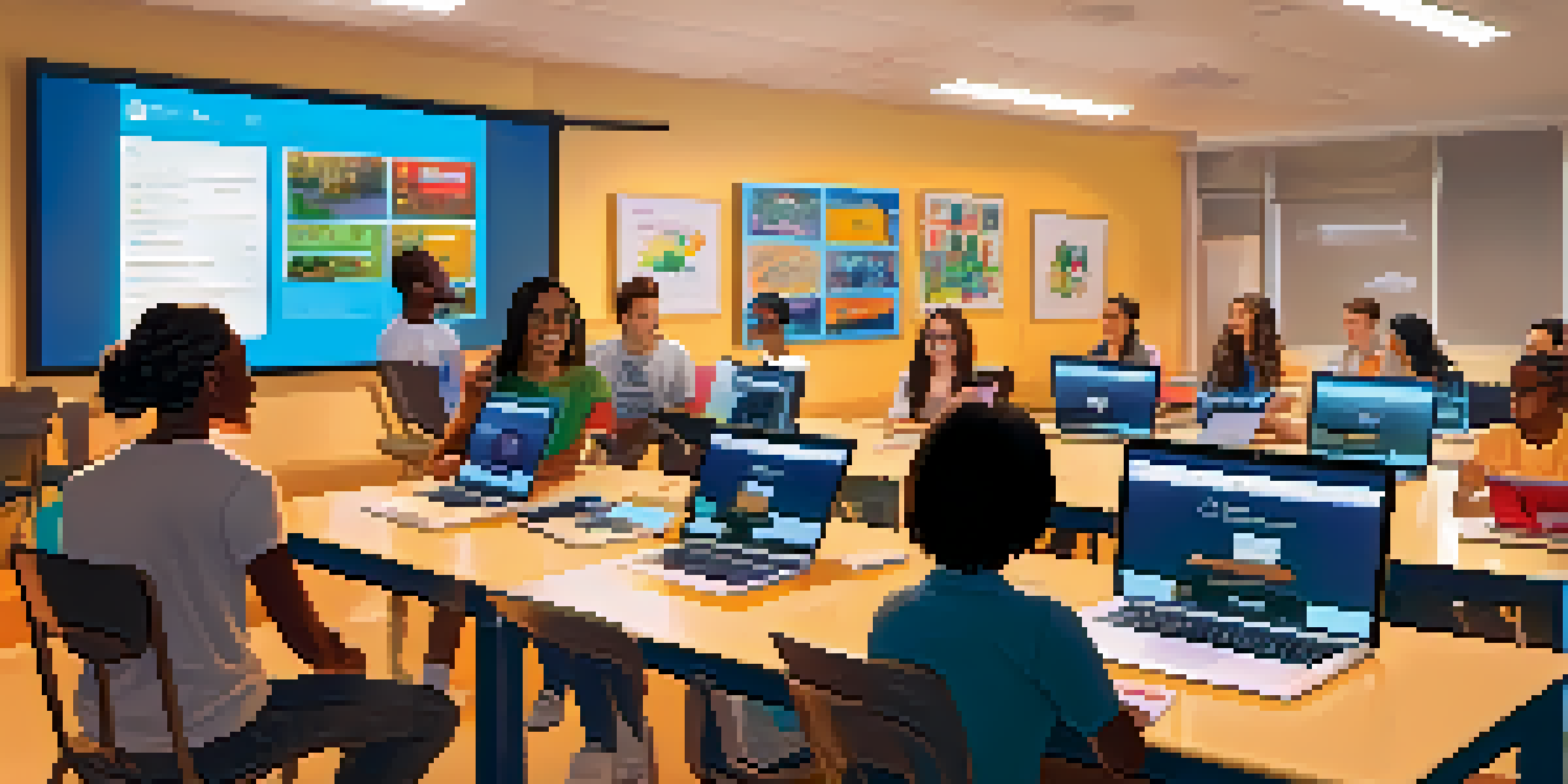 A diverse group of students in a brightly lit virtual classroom, engaged with their laptops and smiling.