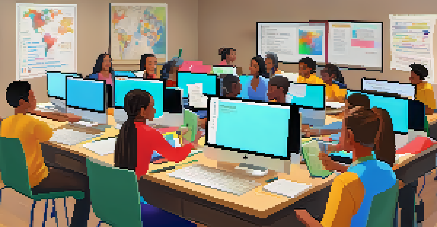 A computer screen showing diverse students engaged in a virtual classroom with educational posters in the background.