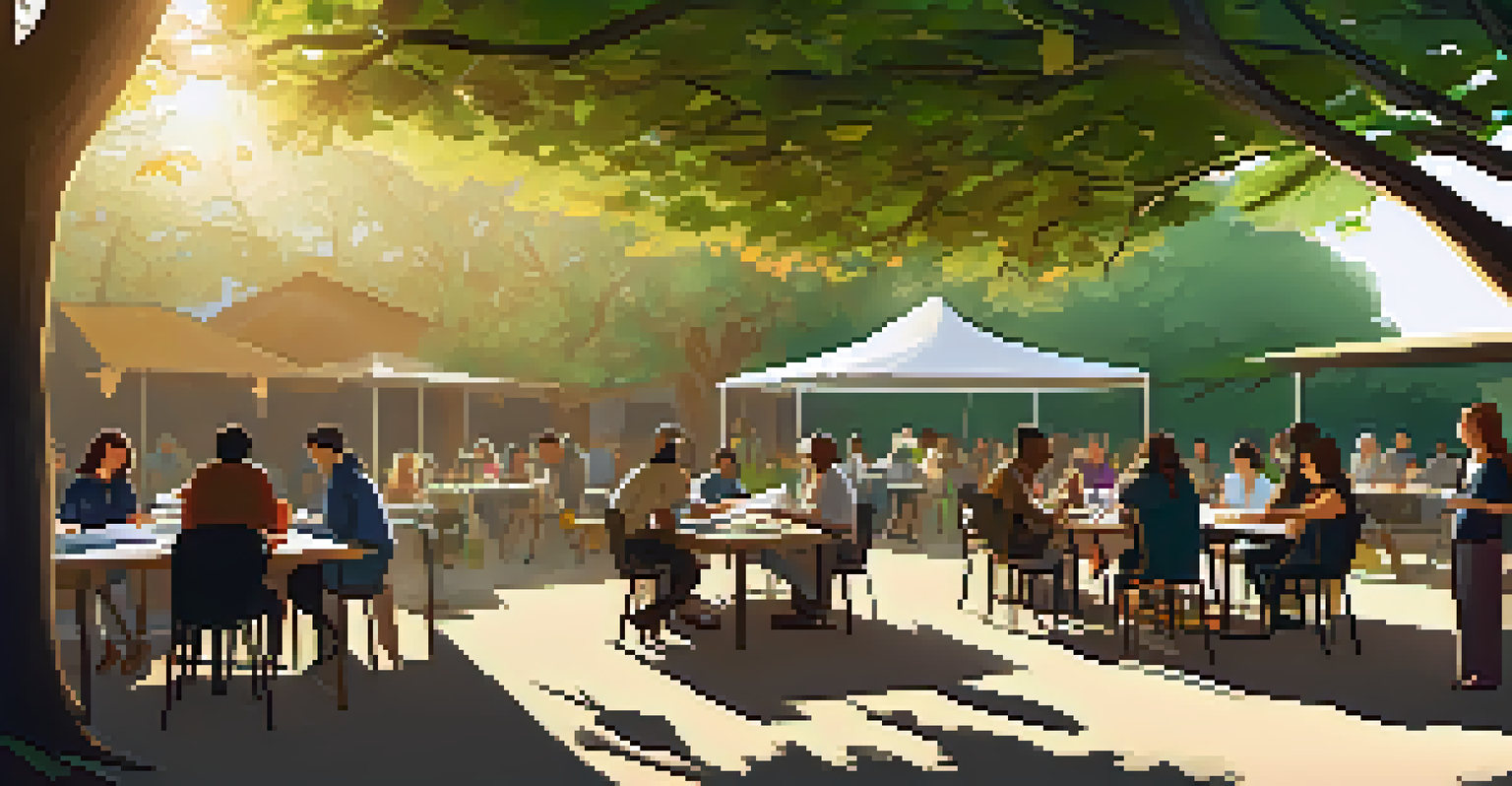 A community workshop with educators and participants collaborating on Open Educational Resources, surrounded by nature and sunlight filtering through the trees.