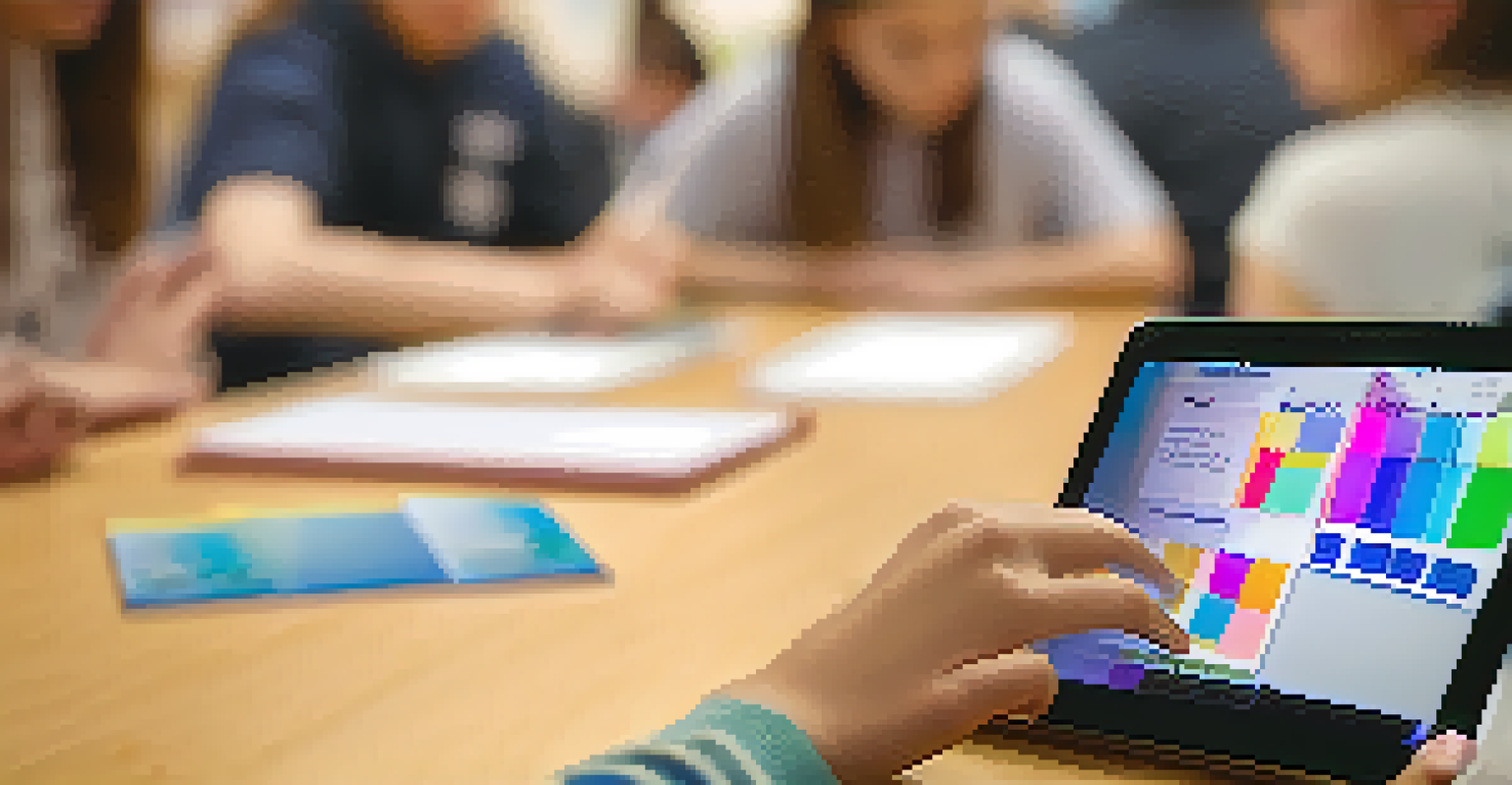 A close-up of a student's hands using a tablet for a digital assessment, with vibrant graphics on the screen and a soft-focus classroom background.