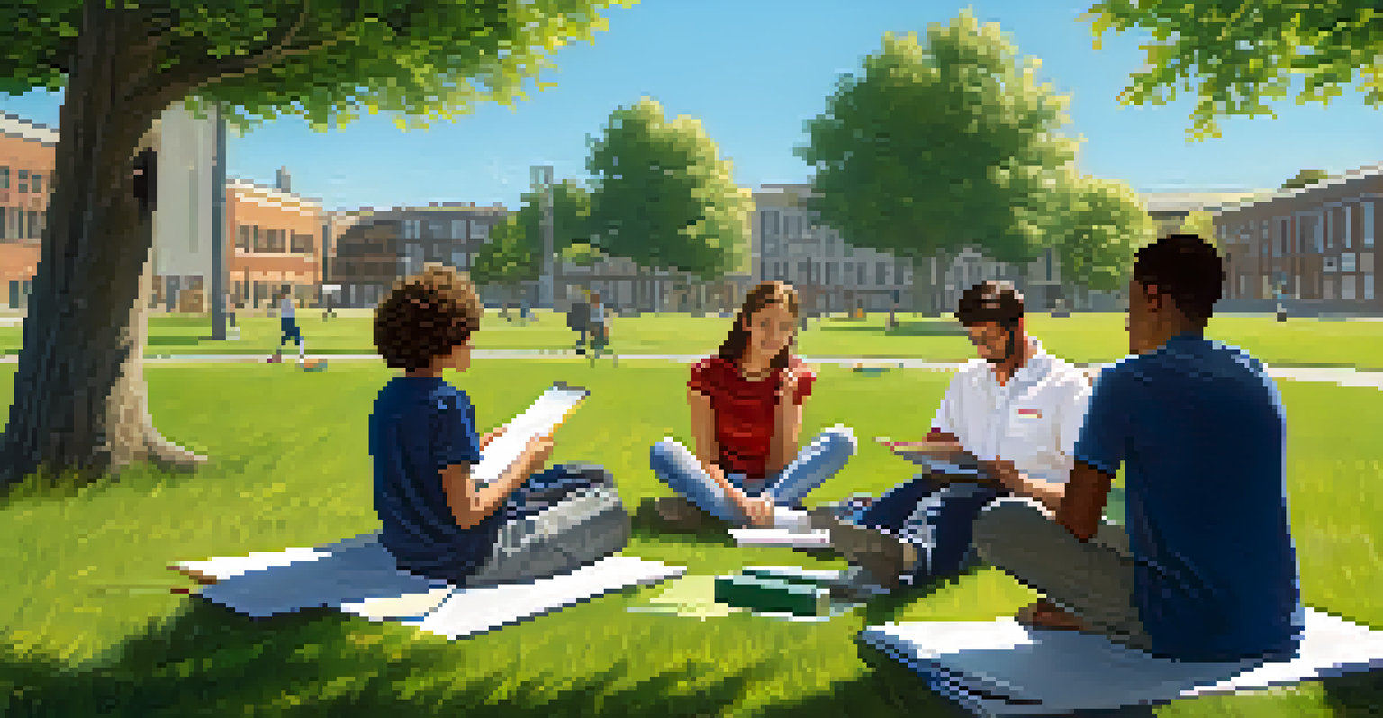 An educator helping students collaborate outdoors, with students sitting on grass and discussing ideas.