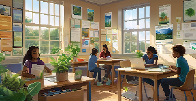 A colorful classroom with students of various backgrounds collaborating on sustainability projects, surrounded by educational materials and natural light.
