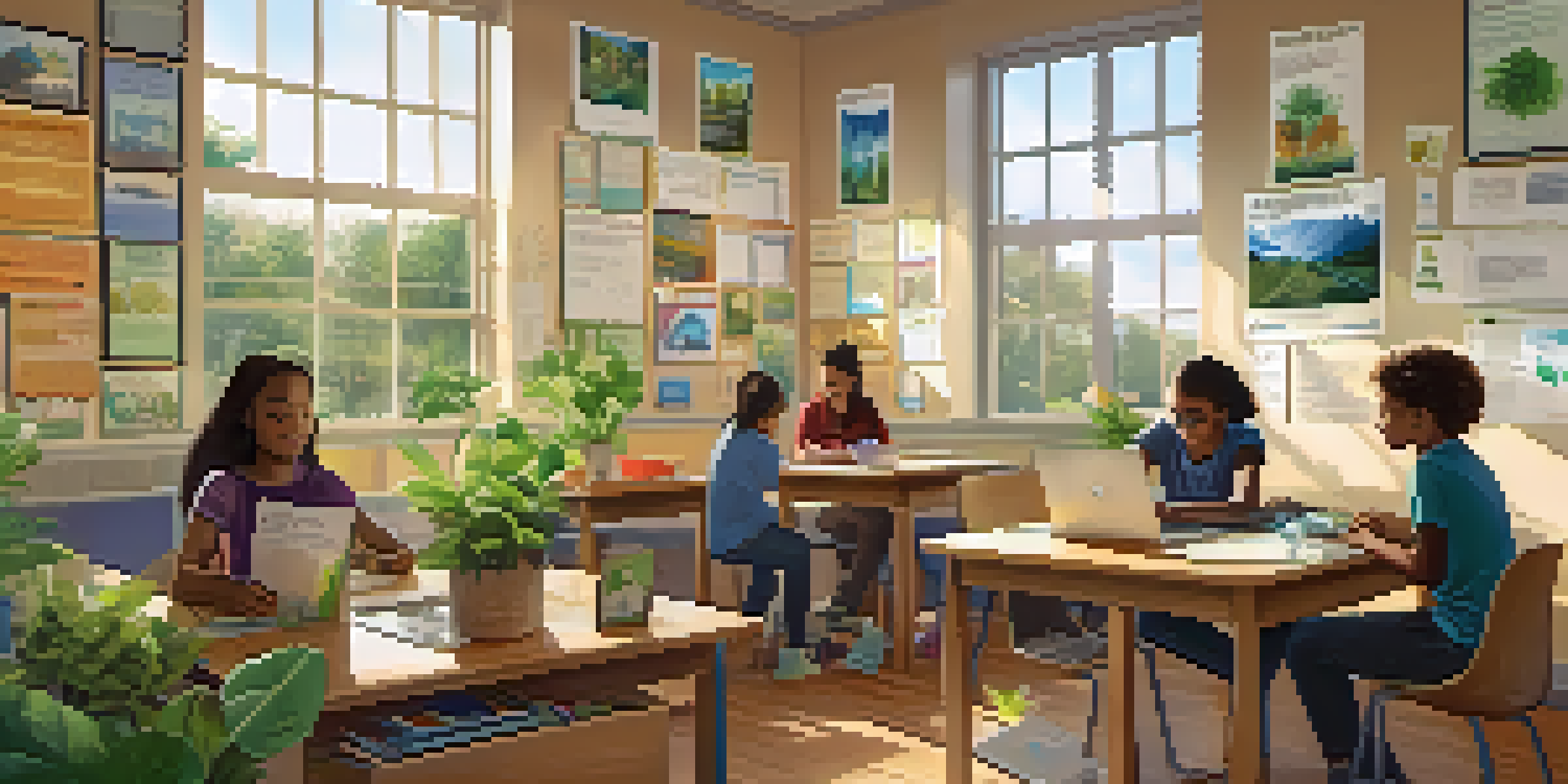 A colorful classroom with students of various backgrounds collaborating on sustainability projects, surrounded by educational materials and natural light.