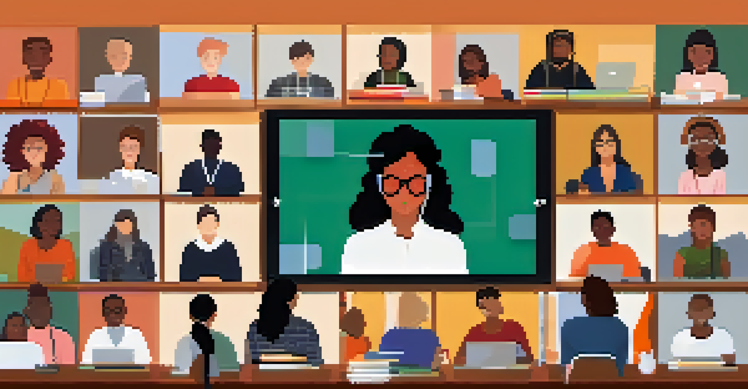 A virtual meeting with diverse students from different countries engaging in discussion, surrounded by a world map and national flags.