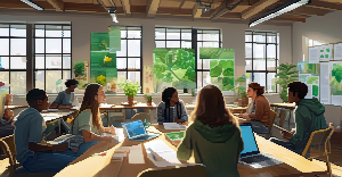 A diverse group of students collaborating on environmental issues at a table, with laptops and notebooks, in a bright classroom filled with plants.