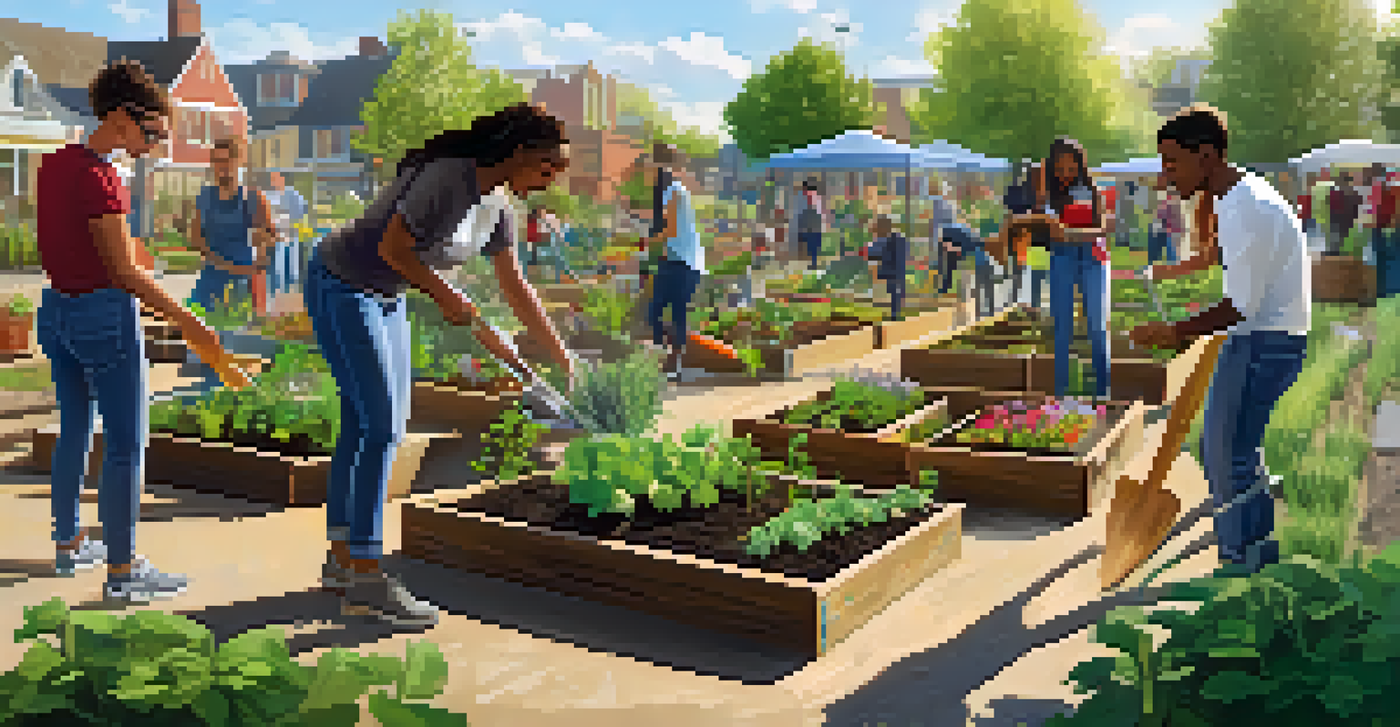 Students from various majors planting a community garden under a sunny sky.