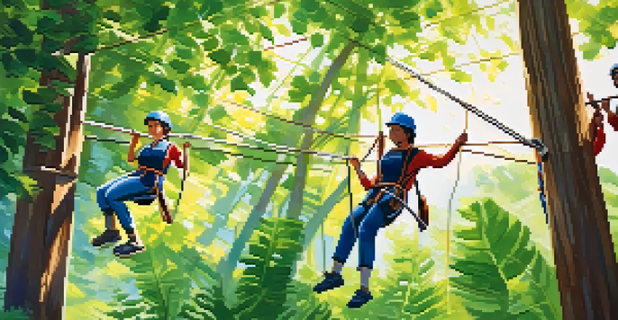 A diverse group of individuals participating in a ropes course, demonstrating teamwork and determination in a nature setting.
