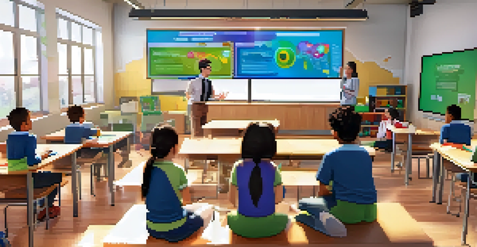 A lively classroom with students engaged in a gamified simulation, surrounded by colorful educational materials and a supportive teacher.