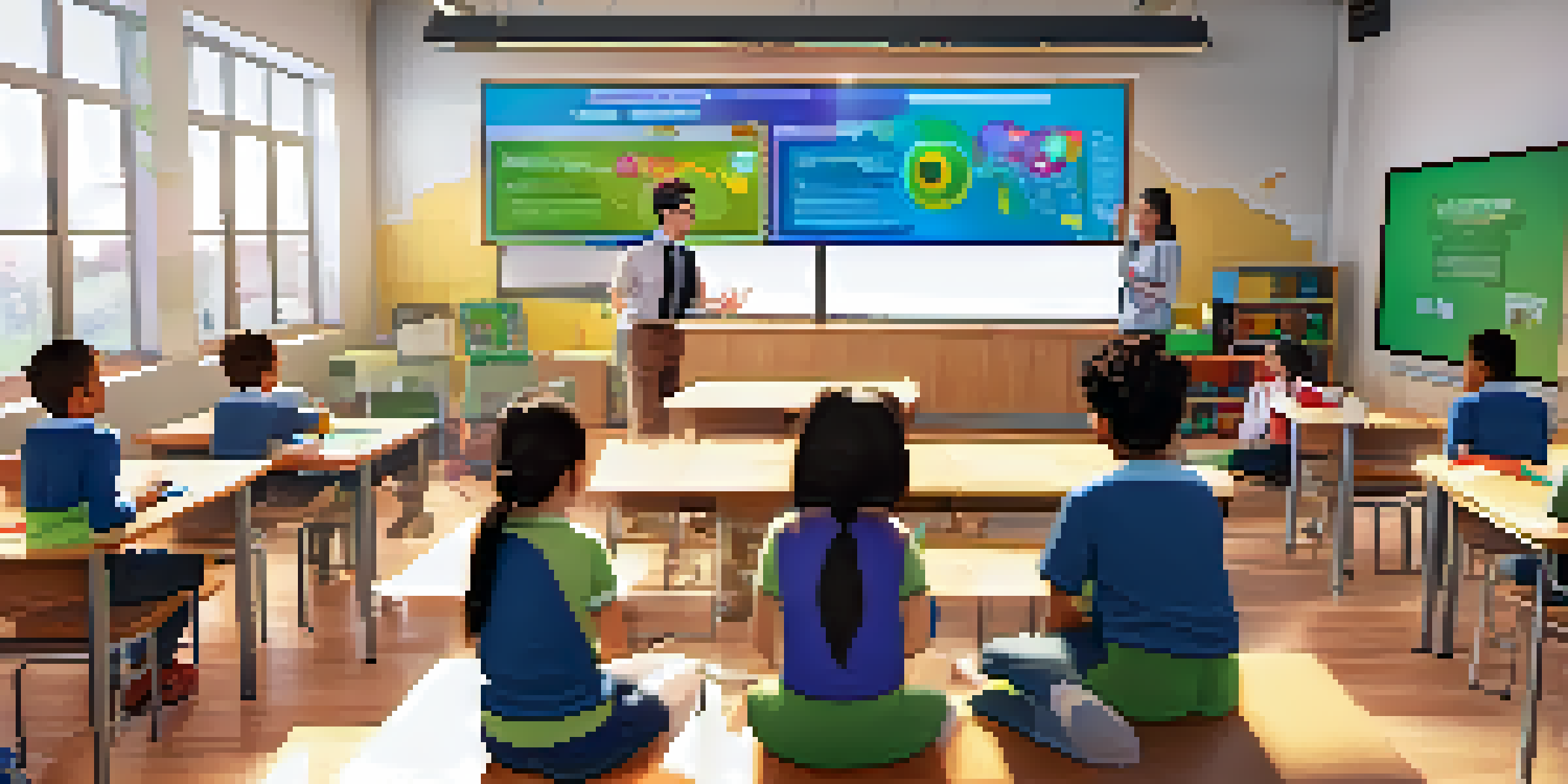 A lively classroom with students engaged in a gamified simulation, surrounded by colorful educational materials and a supportive teacher.