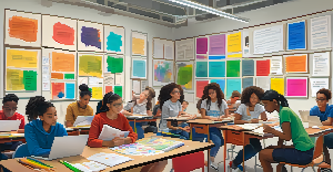 A diverse group of students working together on a project in a colorful classroom.