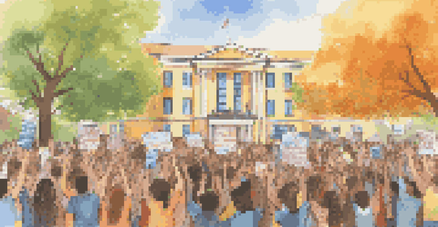 Students rallying outdoors with banners advocating for digital equity, with a school building in the background.