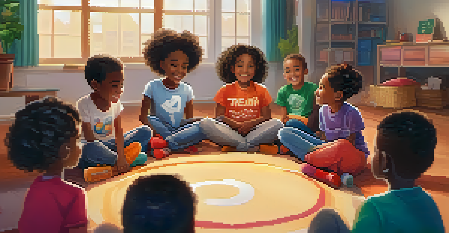 A diverse group of children engaged in a team-building game in a cozy classroom setting.