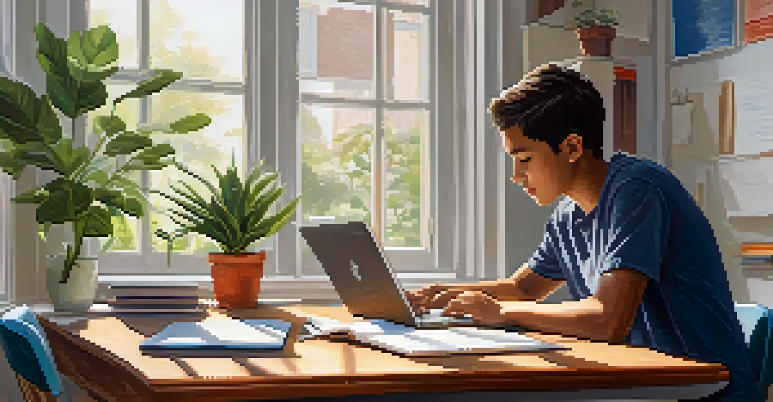 A student studying at a desk with a laptop, surrounded by notebooks and a plant, in a well-lit room.