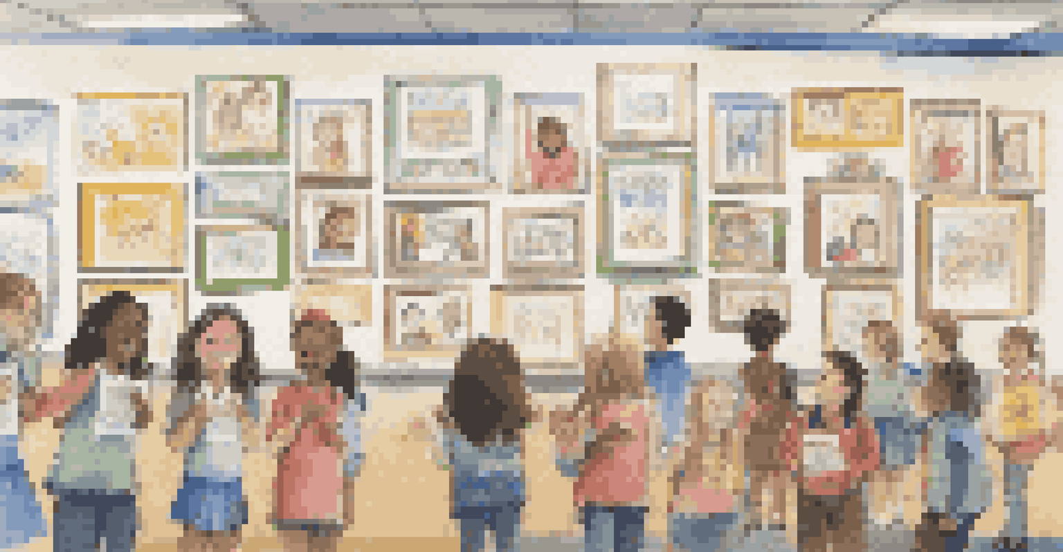 A classroom wall displaying student projects with colorful frames, surrounded by students celebrating their achievements and showcasing their work.
