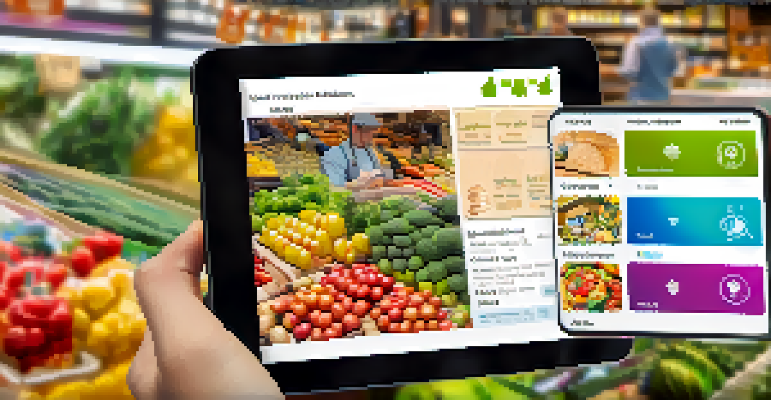 A student using a tablet for language learning, featuring an interactive market scenario on the screen with vibrant food graphics.