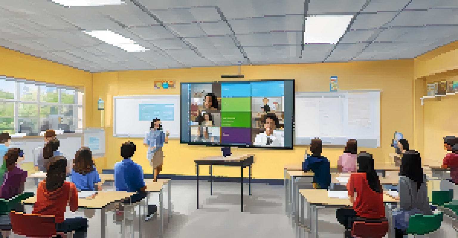 A split-screen image illustrating a classroom on one side and a virtual learning environment on the other, highlighting blended learning.