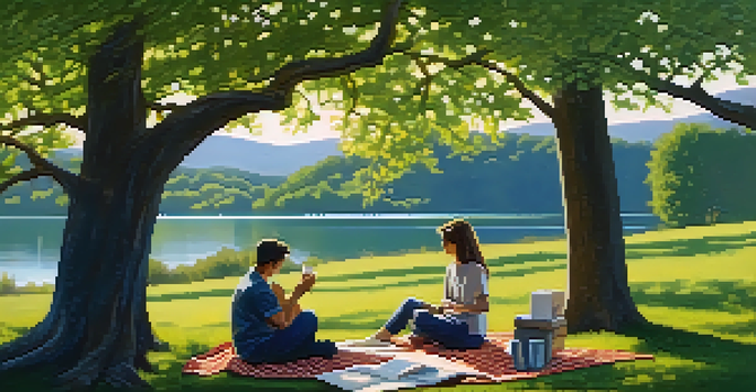 An outdoor mentoring session under a large oak tree with a mentor and mentee engaged in conversation, surrounded by nature.