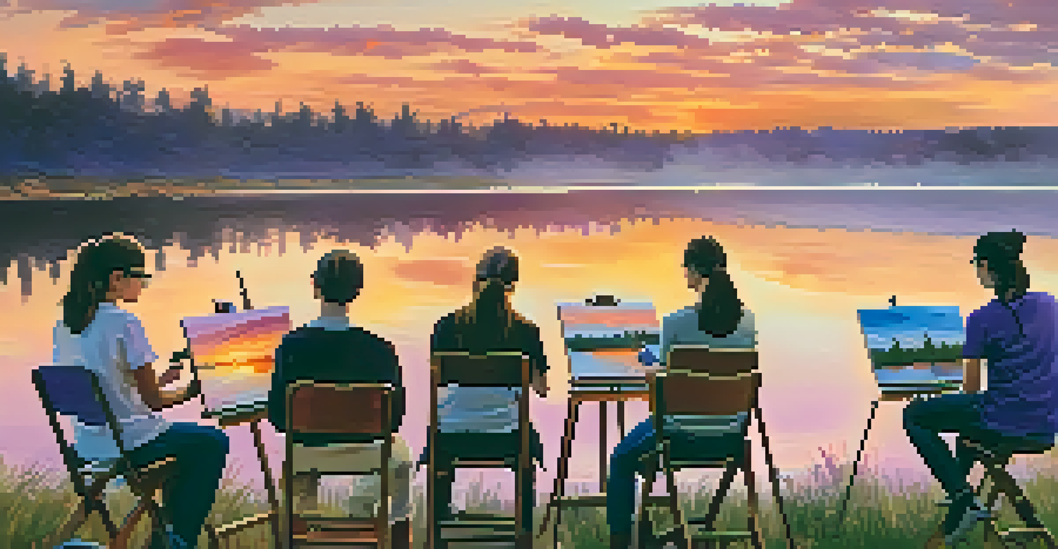 Students painting outdoors during sunset, with a scenic lake and colorful sky in the background.