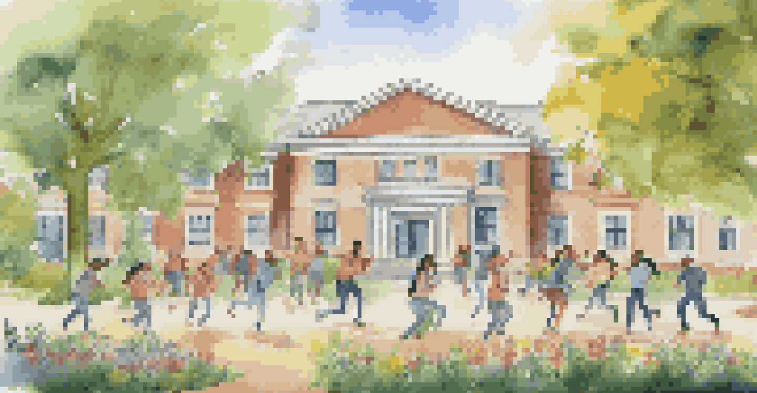 Teachers participating in a team-building exercise outdoors, surrounded by a serene school environment with trees and flowers.
