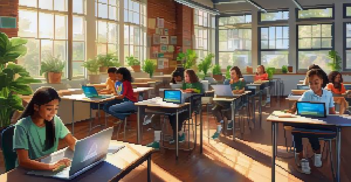 A vibrant classroom with students of different backgrounds using technology, surrounded by educational materials and natural light.