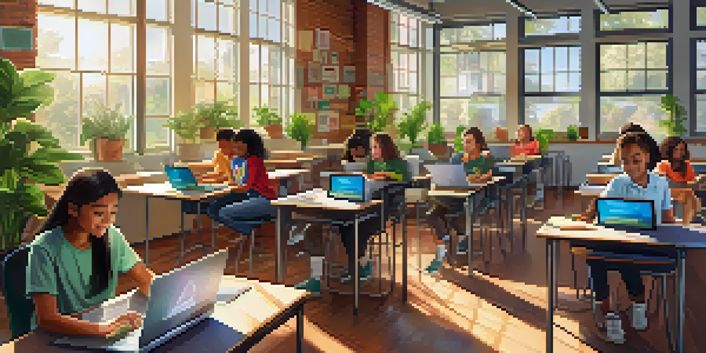 A vibrant classroom with students of different backgrounds using technology, surrounded by educational materials and natural light.